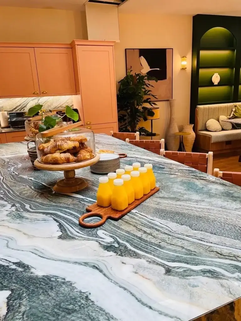 Island end and the terracotta cabinetry