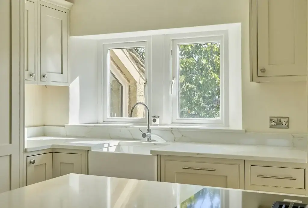 Sink and window seen over the island